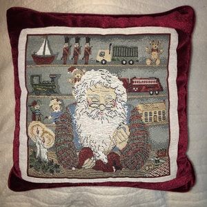 Santa’s Workshop Needlepoint & Velour Pillow.